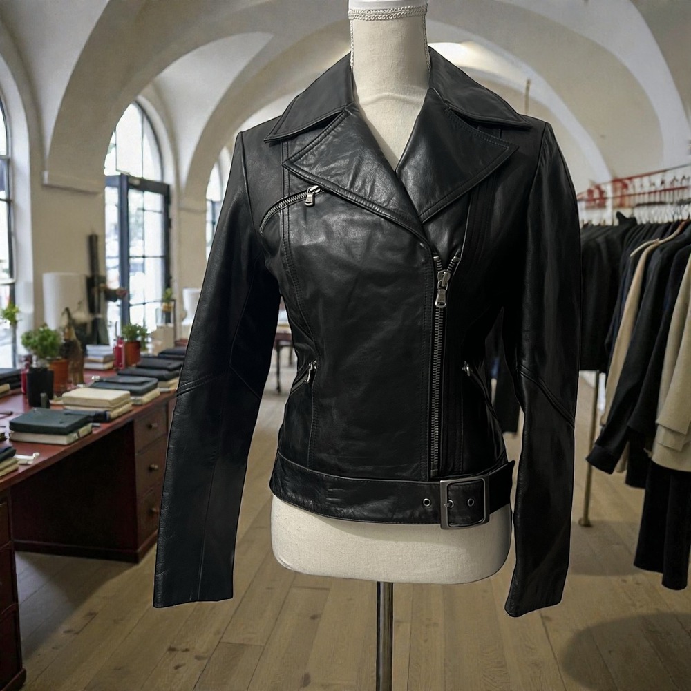 Express Black Leather Moto Jacket Asymmetrical Zip Quilted Lined Belted‎